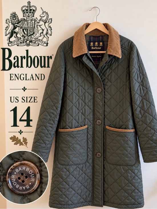 Barbour Jackets & Blazers - Barbour Olive Quilted Long Puffer with Tan Collar